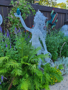 Chicken Wire Sculpture, "Delighted" Forest Elf with Blue Bird.