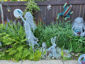 Chicken Wire Sculpture, "Delighted" Forest Elf with Blue Bird.