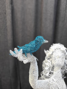 Chicken Wire Sculpture, "Delighted" Forest Elf with Blue Bird.