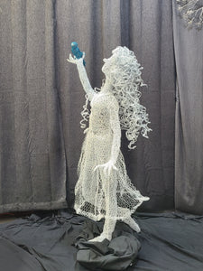 Chicken Wire Sculpture, "Delighted" Forest Elf with Blue Bird.