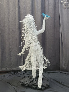 Chicken Wire Sculpture, "Delighted" Forest Elf with Blue Bird.