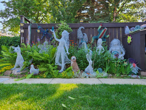 Chicken Wire Sculpture, "Delighted" Forest Elf with Blue Bird.