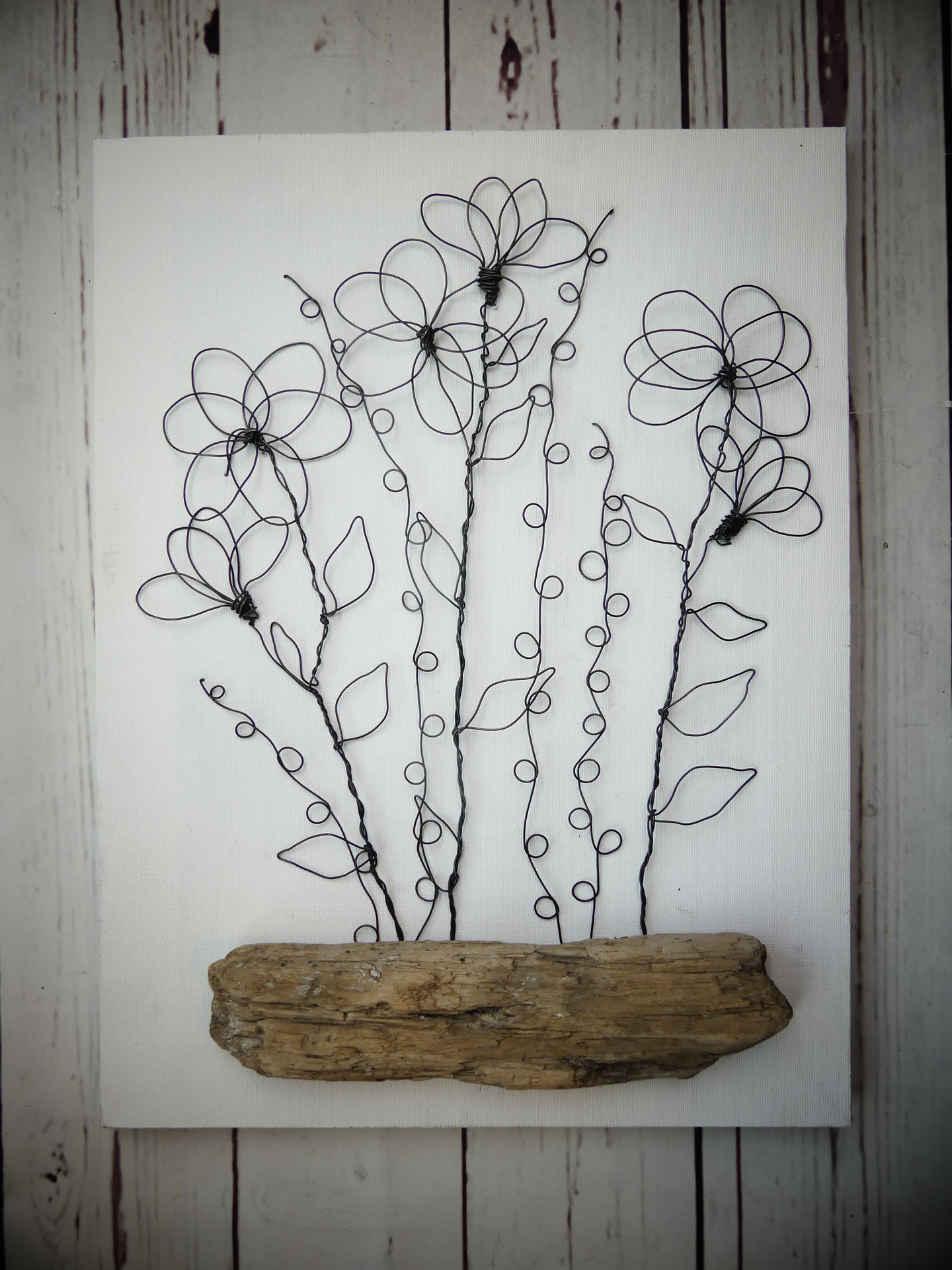 Wire Spring Flower Bouquet Art on 12x16 Canvas We-met Wire Work